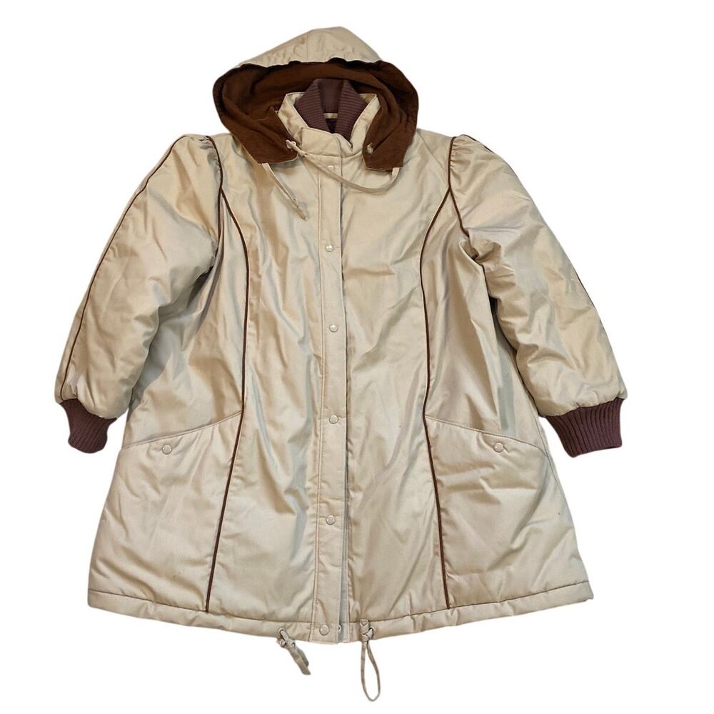 Vintage Current Seen Tan Parka Jacket Hooded Faux Fur Fits Large Tag 18 1/2